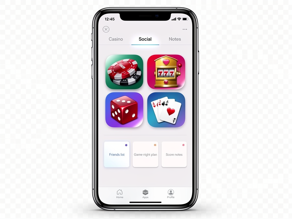 A phone screen divided into app categories for wagering casino games and social play notes