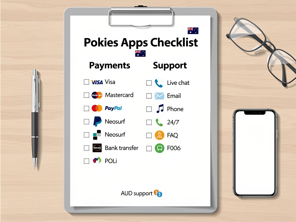 A desk checklist comparing pokies apps payments and support options for an Australian reader