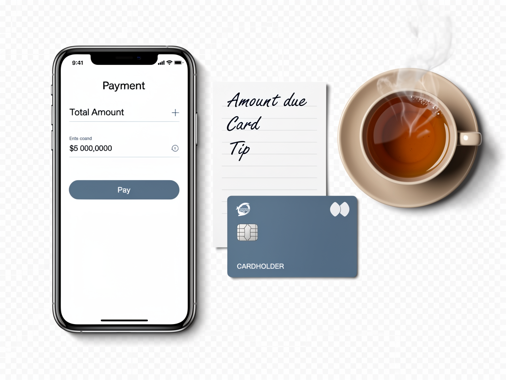 A mobile cashier page with payment notes written beside a debit card and a cup of tea