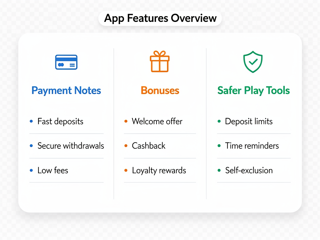 A comparison board showing app notes for payments bonuses and safer play tools