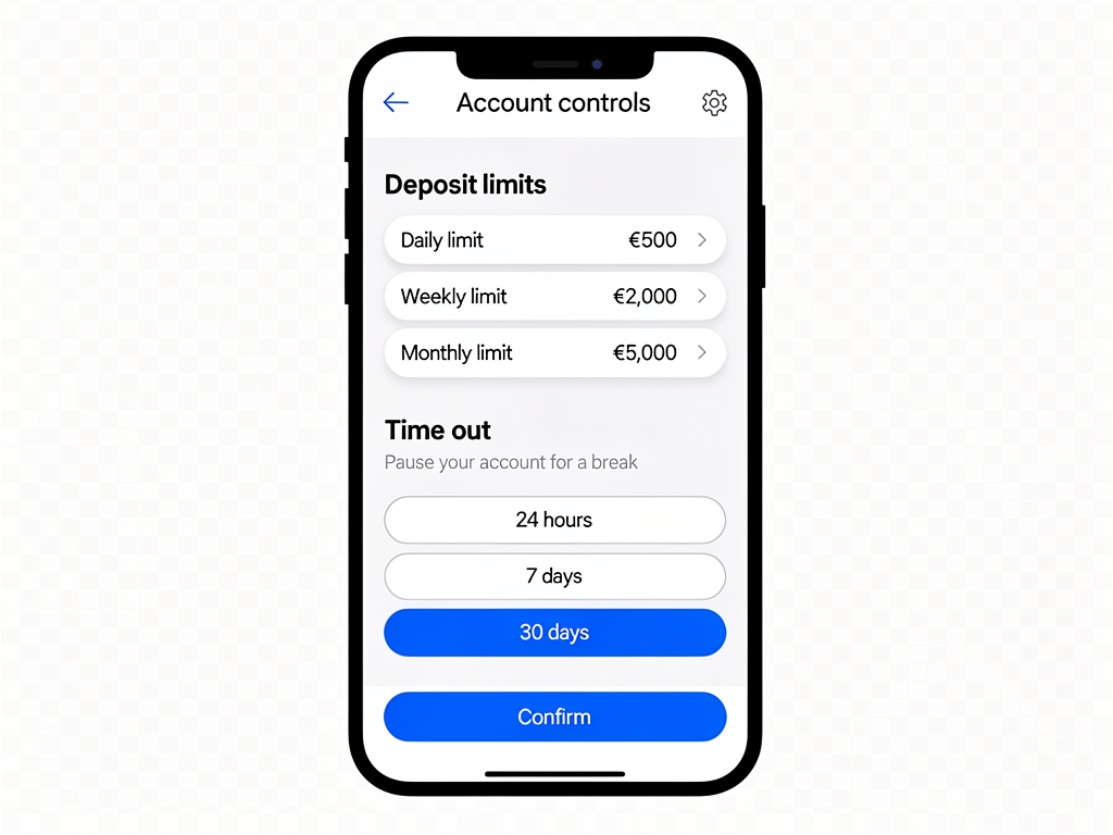 A phone settings screen showing deposit limits and a time out option ready to select