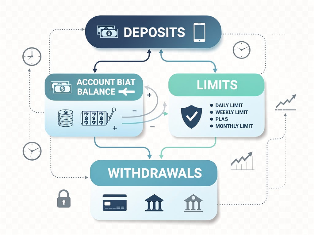 A flow chart showing how deposits limits game play and withdrawals connect in a pokies app