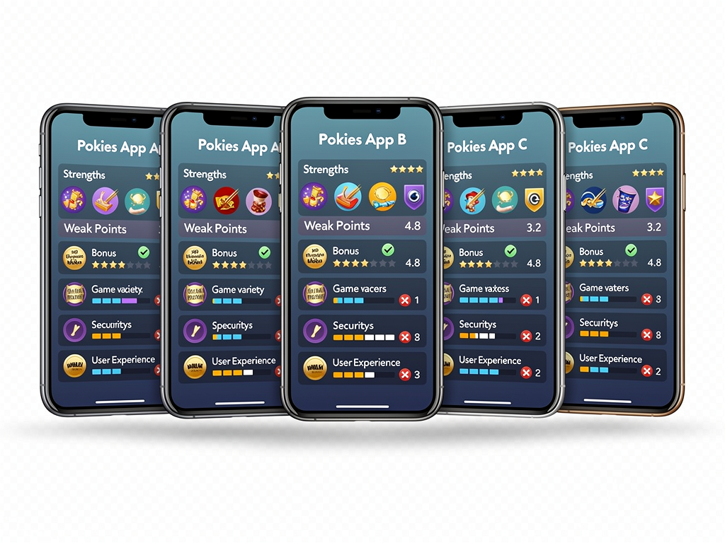 Comparison cards showing different pokies app strengths and weak points across phone screens