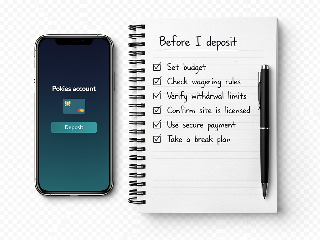A notebook beside a phone listing checks for a pokies account before any deposit is made