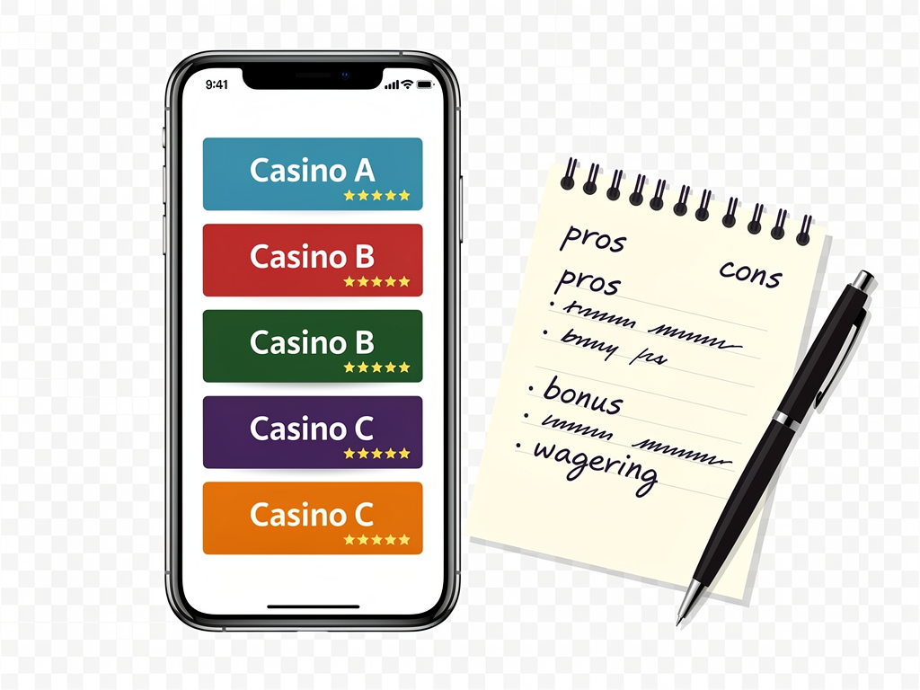 A reviewer comparing casino app tabs on a phone with handwritten notes beside the screen