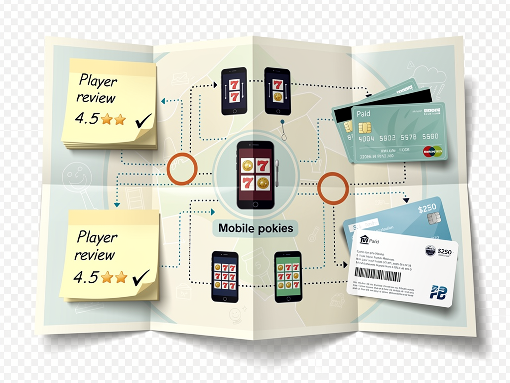 A paper map linking review notes to mobile casino pokies and payment checks