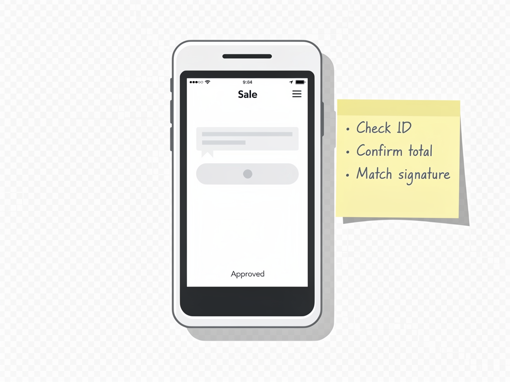 A compact mobile cashier screen with verification reminders shown on a nearby sticky note