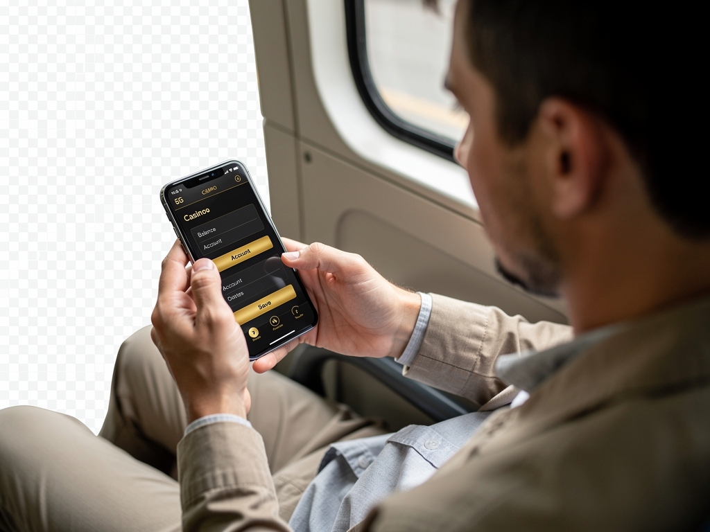 A commuter checking casino account settings on a phone while sitting near a tram window