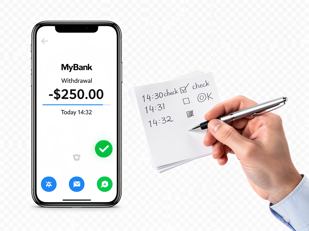 A phone showing a withdrawal screen while a reviewer checks timing notes on paper